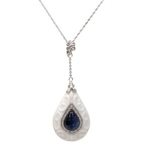 Sodalite & White Glass Teardrop Pendant Sterling Silver 18" Chain Necklace